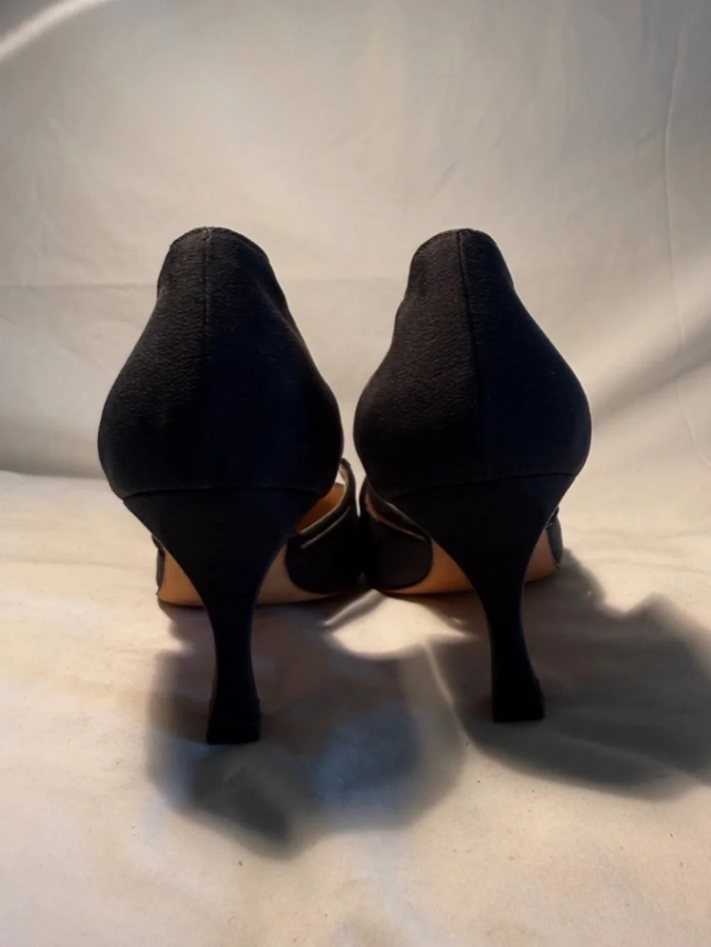 Vintage Manolo Blahnik Black Satin D'Orsay Kitten Heels Size 38.5